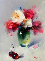 Aziz Sulaimanov - Red and White Flowers in Glass Vase, Antiquités & Art