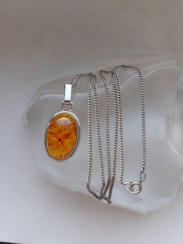 Zilver, Amber - Ketting met hanger - Art Deco Fischland