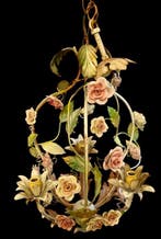 Kroonluchter - in ijzer en keramische bloemen, Antiek en Kunst