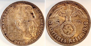 Duitsland 5 Reichsmark Hindenburg 1939 E vz/st huebsche P..., Verzenden