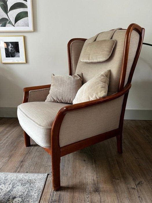 Fauteuil (4) - Teck, Laine - fauteuil à ailes danois, Antiquités & Art, Curiosités & Brocante