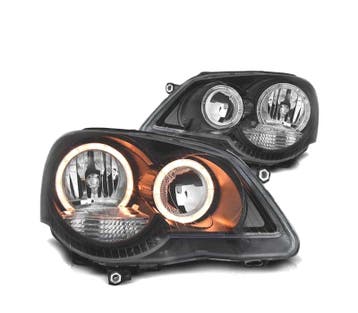 PHARES POUR VOLKSWAGEN VW POLO 9N3 05-09 ANGEL EYES FOND NOI, Verzenden