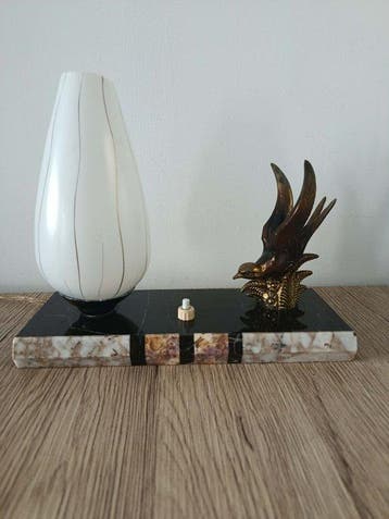 Lampe - Opaline, Marbre noir veiné et marbre polychrome -