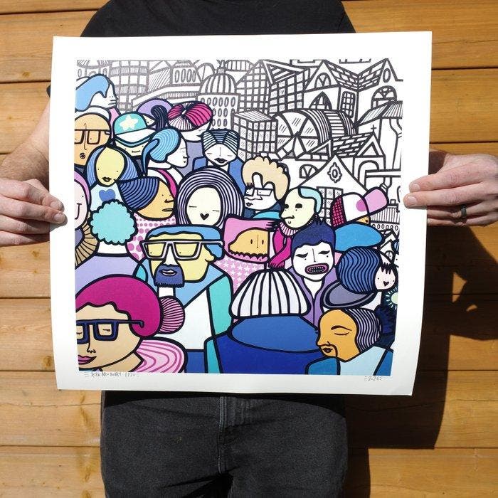 Kev Munday - Happy To Be Here - Textured Giclee Print - No, Antiquités & Art, Art | Objets design