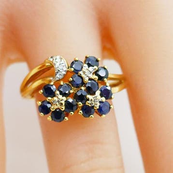 Ring - 18 karaat Witgoud, Geel goud - 1.05ct. tw. Saffier -