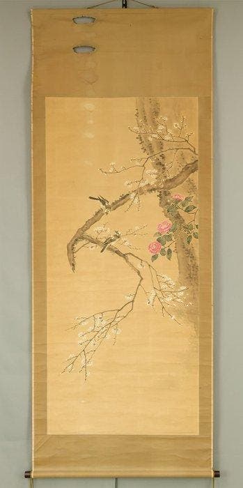 Flowers and Two Little Bird Perched on Branch - No signature, Antiek en Kunst, Antiek | Overige Antiek
