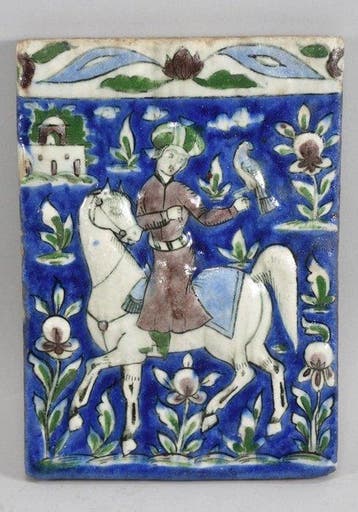 Tuile qajar représentant un chasseur à cheval avec un