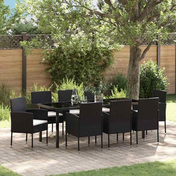 vidaXL Tuin Eettafel Set met kussen 9 pcs Zwart poly rattan, Verzenden, Nieuw