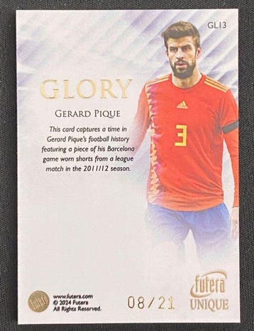 2011/12 Futera Glory Gerard Pique /21 Carte souvenir, Carte