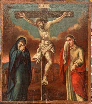 Spaanse school (XVII) - Scène religieuse - Christ en croix, Antiquités & Art