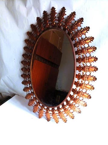 Miroir mural - Laiton doré - Grand (90 cm) miroir soleil, Antiquités & Art