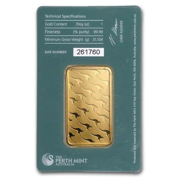 1 Troy Ounce - Goud - 1 oz 9999 Gold Bar Australia Perth, Postzegels en Munten, Edelmetalen en Baren