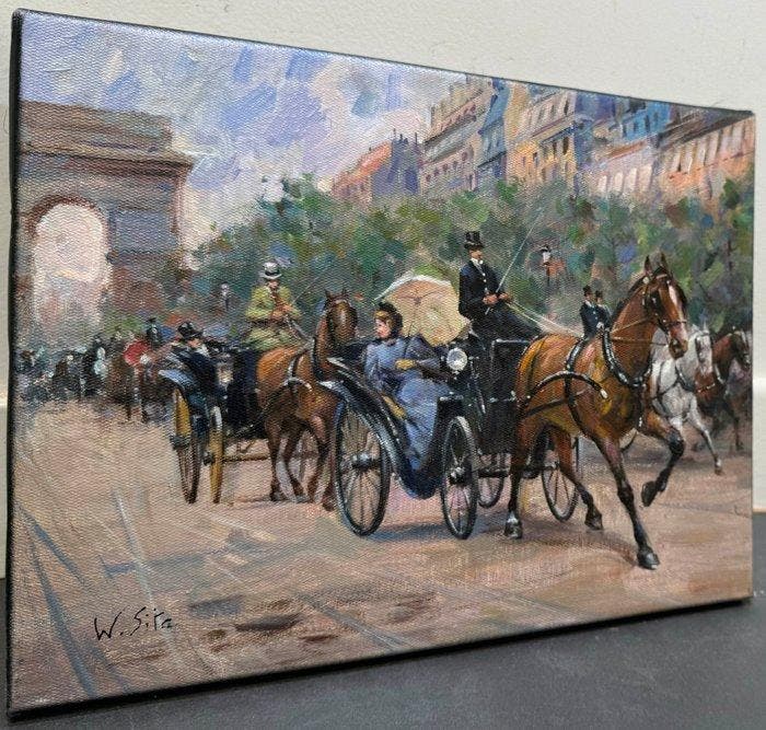 Walter Sita (XX) - Paris - Rencontre sur les Champs Elysées, Antiek en Kunst, Kunst | Schilderijen | Klassiek