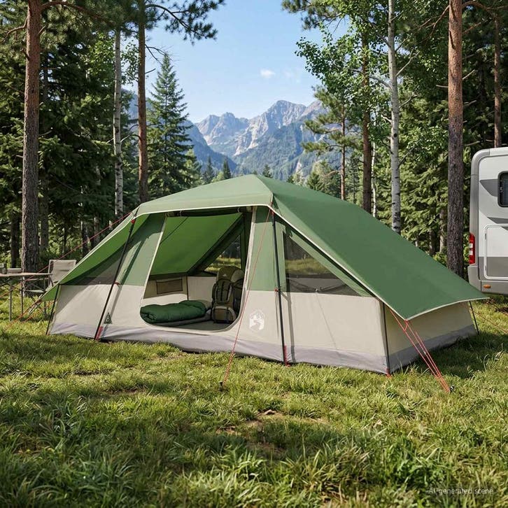 vidaXL Gezinstent met regenhoes waterdicht Groen 10-persoons, Caravanes & Camping, Tentes, Envoi