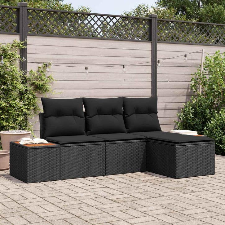vidaXL Tuinbank Set met kussen 4 pcs Zwart Poly Riet, Tuin en Terras, Tuinsets en Loungesets, Nieuw, Verzenden