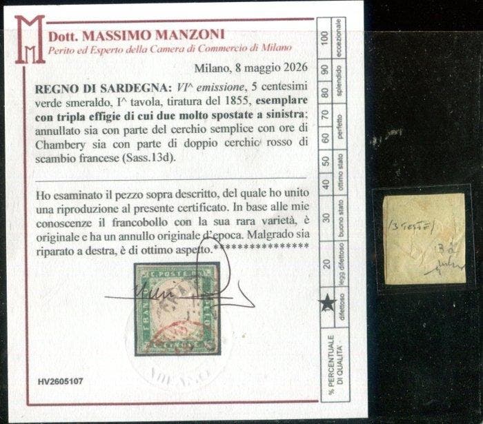 Anciens états italiens - Sardaigne 1855 - 5 centimes vert, Postzegels en Munten, Postzegels | Europa | Italië