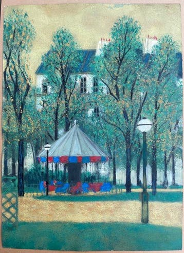 Yves Ganne (1931-2019) - Paysage jardin manège dans un parc, Antiquités & Art, Art | Peinture | Classique