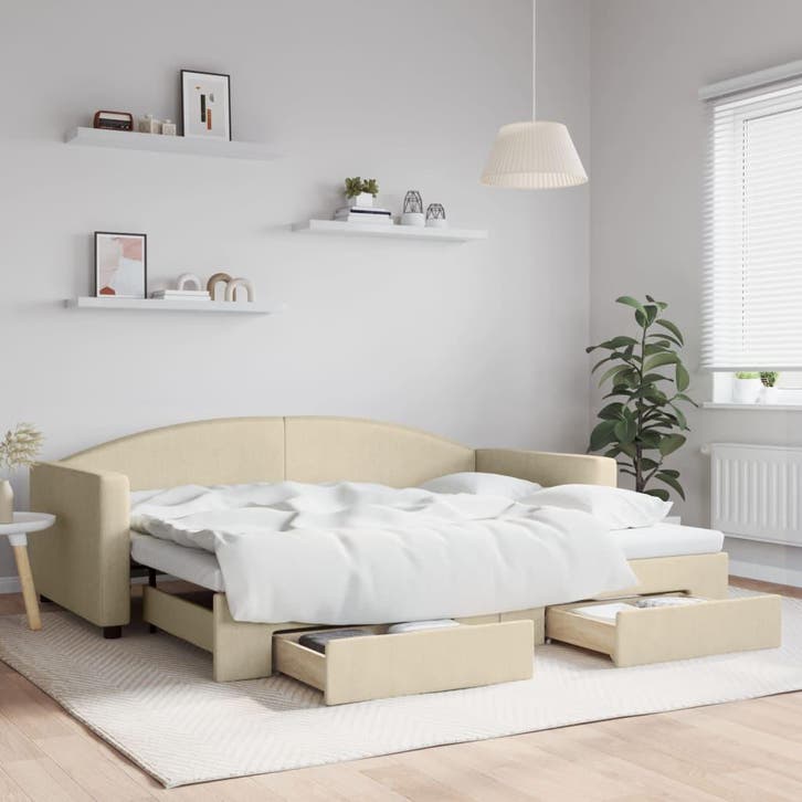 vidaXL Slaapbank met onderschuifbed en lades 90x200 cm stof, Maison & Meubles, Chambre à coucher | Lits, Envoi