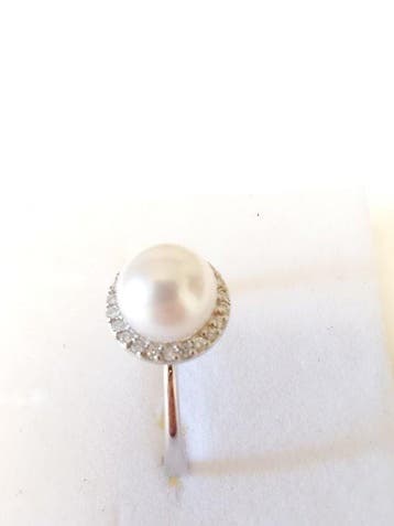 Ring - 18 karaat Witgoud Parel - Diamant, Nieuw
