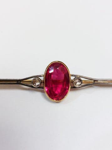 Broche - 18 karaat Geel goud, Zilver Robijn, Handtassen en Accessoires