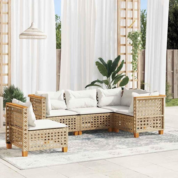 vidaXL 5-delige Loungeset met kussens poly rattan beige, Tuin en Terras, Tuinsets en Loungesets, Loungeset, Nieuw, Verzenden