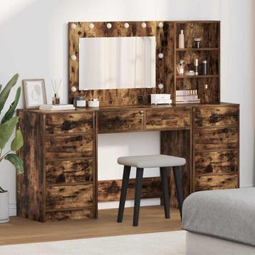 vidaXL Kaptafel met spiegellichten 3 pcs Rook Eiken Bewerkt, Verzenden, Nieuw