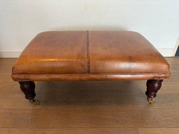 Poef - Hout, Leder, Messing - Hocker Schaaps Leer, Antiek en Kunst