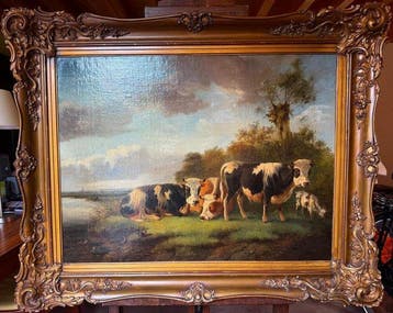 Albert Verhoesen (1806-1881) - Landschap met koeien en een, Antiek en Kunst