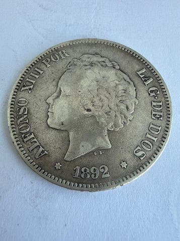 Spanje. Alfonso XIII. 5 Pesetas 1892 *92* PGM (Zonder