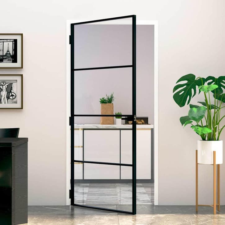 vidaXL Binnendeur 93x201,5 cm gehard glas en aluminium smal, Doe-het-zelf en Bouw, Deuren en Vliegenramen, Nieuw, Verzenden