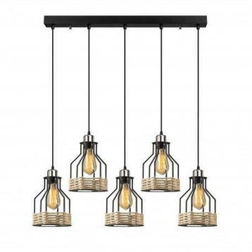 Moderne Hanglamp 5 x E27 fitting - Zwart/Touw - Murcia, Verzenden, Nieuw, Overige materialen, Modern