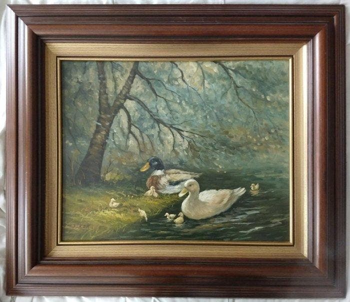 Nederlandse school (XX) - Eendenfamilie bij bosvijver, Antiek en Kunst, Kunst | Schilderijen | Klassiek