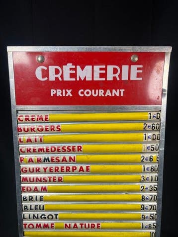 Enseigne publicitaire - Liste des prix de Cremeria - Métal, Antiquités & Art