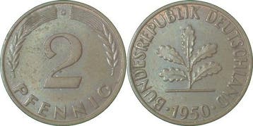 1950g Duitsland 2 Pfennig 1950 G bankfrisch herrliche Pat..., Verzenden