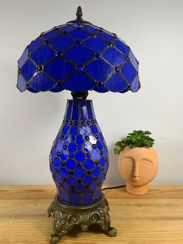 Tafellamp - « Blue Pearl » met twee lichtbronnen. - vitraal, Nieuw