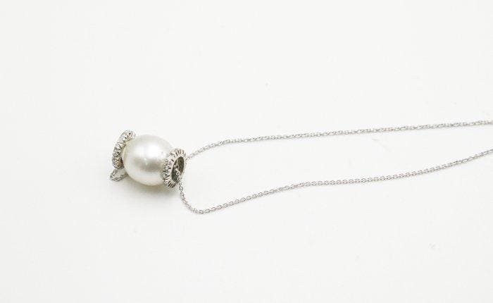 Halsketting - 18 karaat Witgoud Parel - Diamant, Handtassen en Accessoires, Kettingen