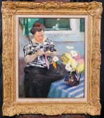 Marcel Dyf (1899-1985) - Woman sewing with a vase of flowers, Antiquités & Art, Art | Peinture | Classique