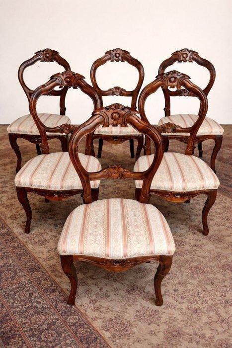 Stoel - Hout, Textiel - 6 stoelen Luigi XV - Hoogte: 100 cm, Antiek en Kunst, Antiek | Overige Antiek