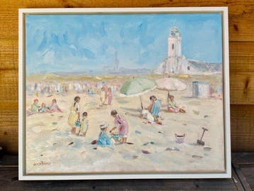 Cor Schaap (1968) - Strandgezicht voor Oude Kerk, Antiek en Kunst, Kunst | Schilderijen | Klassiek