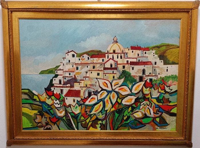 Antonio Memoli (1947-2025) - Paese mediterraneo, Antiek en Kunst, Kunst | Schilderijen | Klassiek