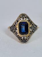 Zonder minimumprijs - Ring - 9 kt. Zilver, Geel goud Saffier, Handtassen en Accessoires, Nieuw