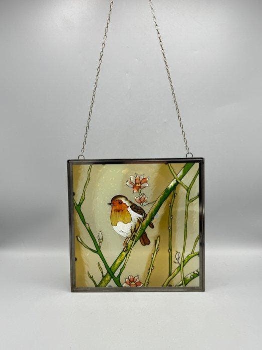 Glas-in-loodraam - 1980-1990 - Roodborstje op tak, Antiquités & Art, Curiosités & Brocante