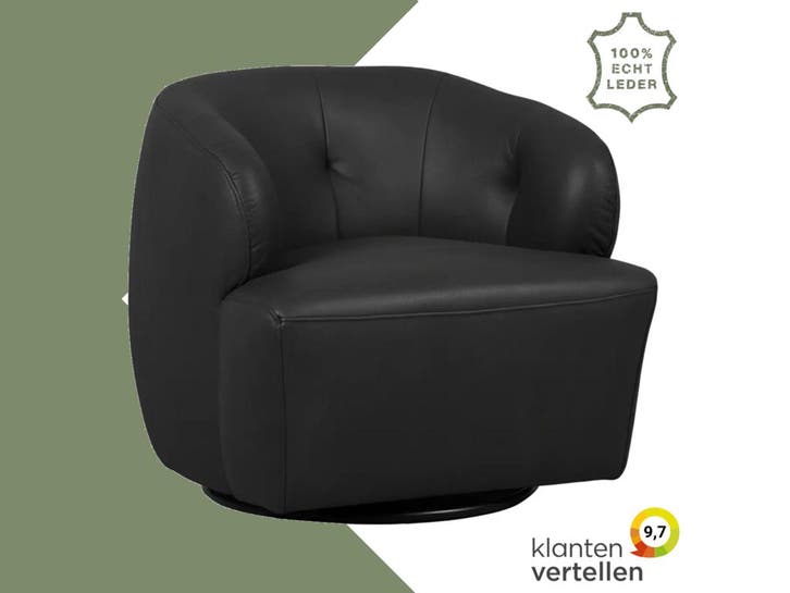 Leren draaifauteuil Cloud - Granada Black (zwart), Huis en Inrichting, Fauteuils, 50 tot 75 cm, 75 tot 100 cm, Nieuw, Leer, Ophalen of Verzenden