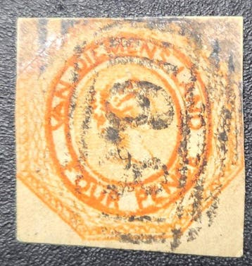 Tasmanië 1853 - Tasmanië 1853 – Four Pence oranje, eerste, Gestempeld