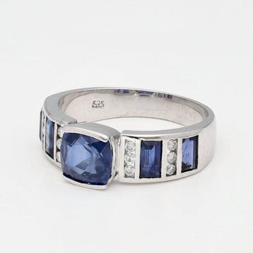 Ring - 10 kt. Witgoud Saffier - Diamant