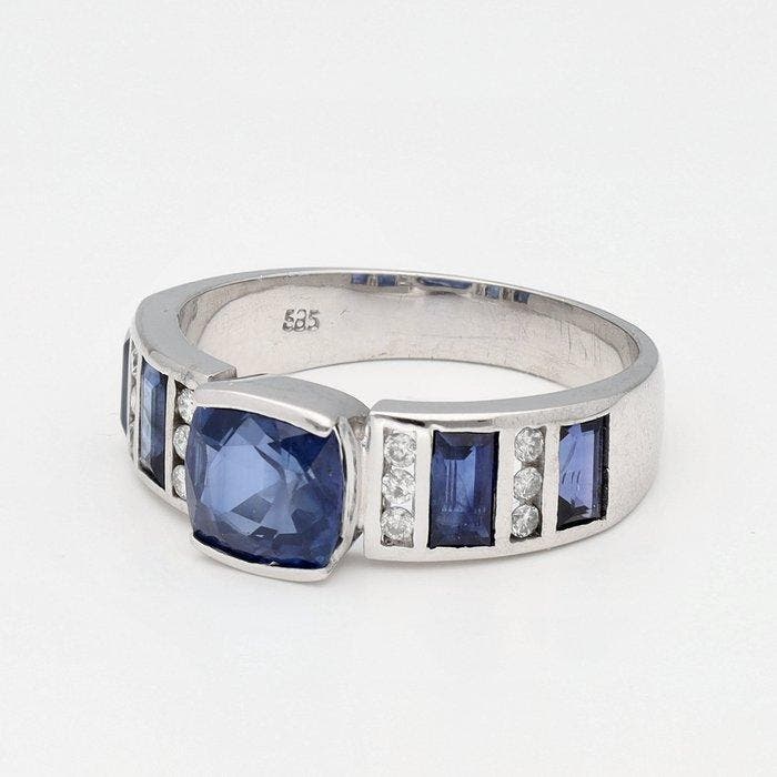 Ring - 10 kt. Witgoud Saffier - Diamant, Bijoux, Sacs & Beauté, Bagues
