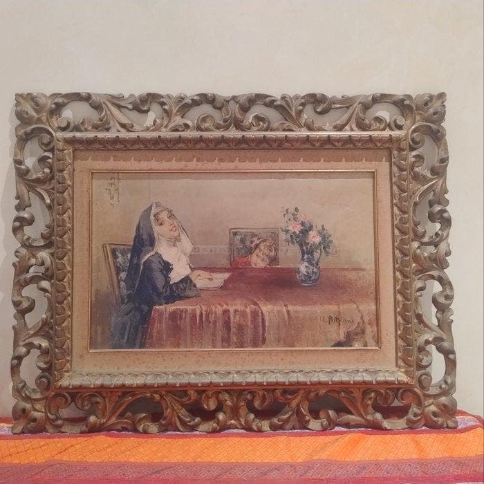 Luca Postiglione (1876-1936) - Scena dinterno con suora e, Antiek en Kunst, Kunst | Schilderijen | Klassiek