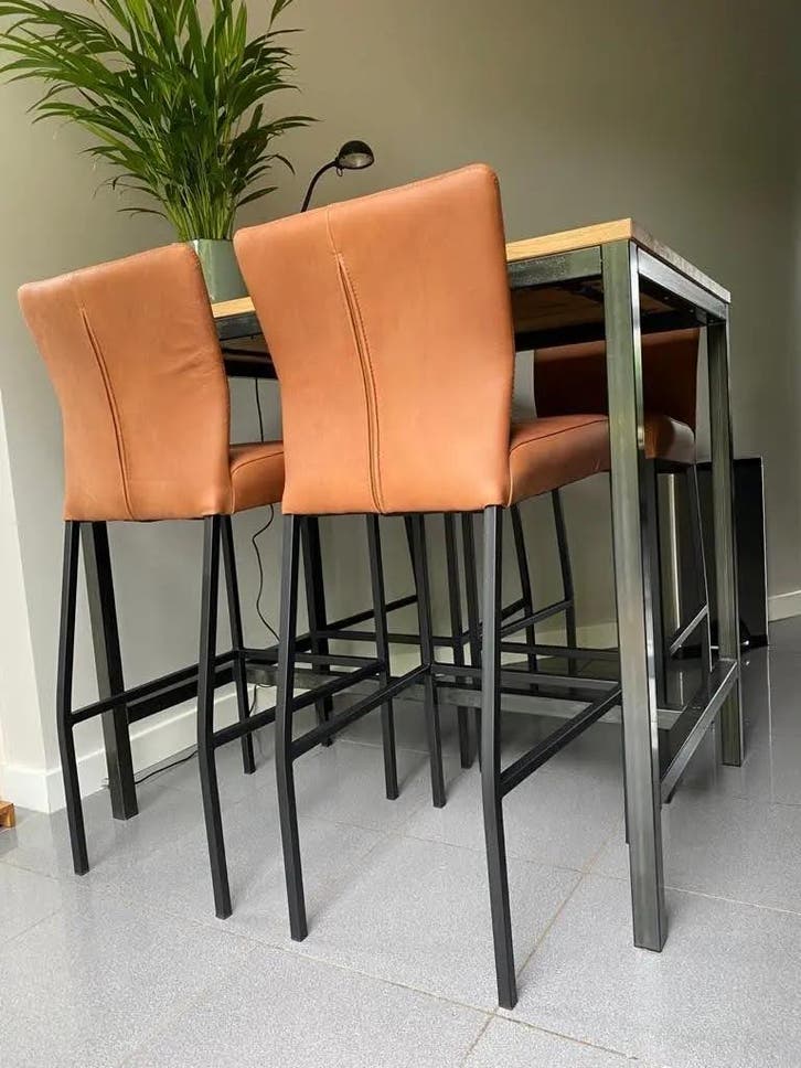 Set van 4 leren barstoelen - cognac kleur leer, Maison & Meubles, Tabourets de bar, Enlèvement ou Envoi