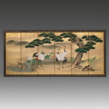 Vouwscherm met kraanvogels - Papier, Lak, Hout, Zijde -