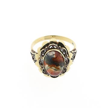 Gouden ring met mosagaat; 14 karaat; ringmaat 20,5, Gebruikt, 20 of groter, Ophalen of Verzenden, Met edelsteen